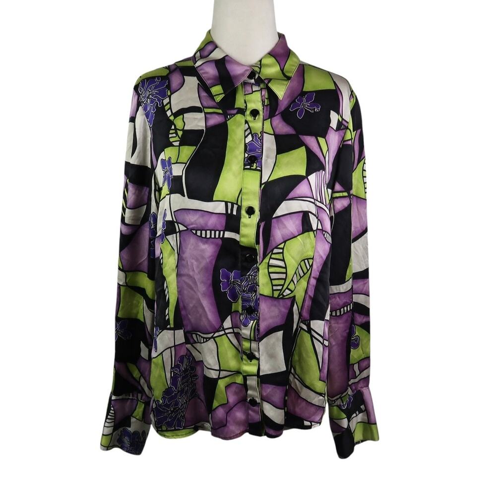 Vintage 90s Touche 100% Silk Abstract Geo Green Purple Black Blouse Top